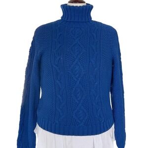 Lauren Ralph Lauren Cable Knit Fisherman Sweater XL Royal Blue Cotton Turtleneck